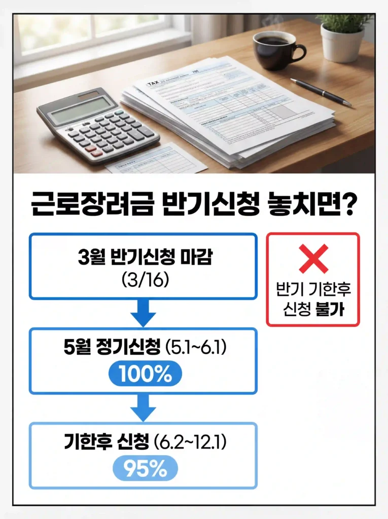 근로장려금 반기신청 마감 후 5월 정기신청(100%)과 기한후 신청(95%) 안내 인포그래픽