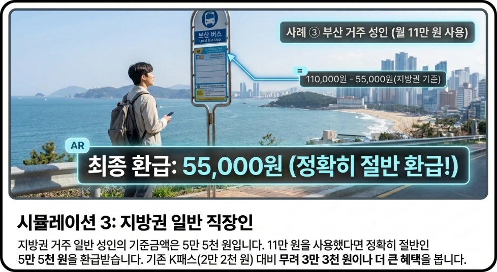 부산 거주 성인 월 11만원 사용 시 최종 환급액 55000원 안내