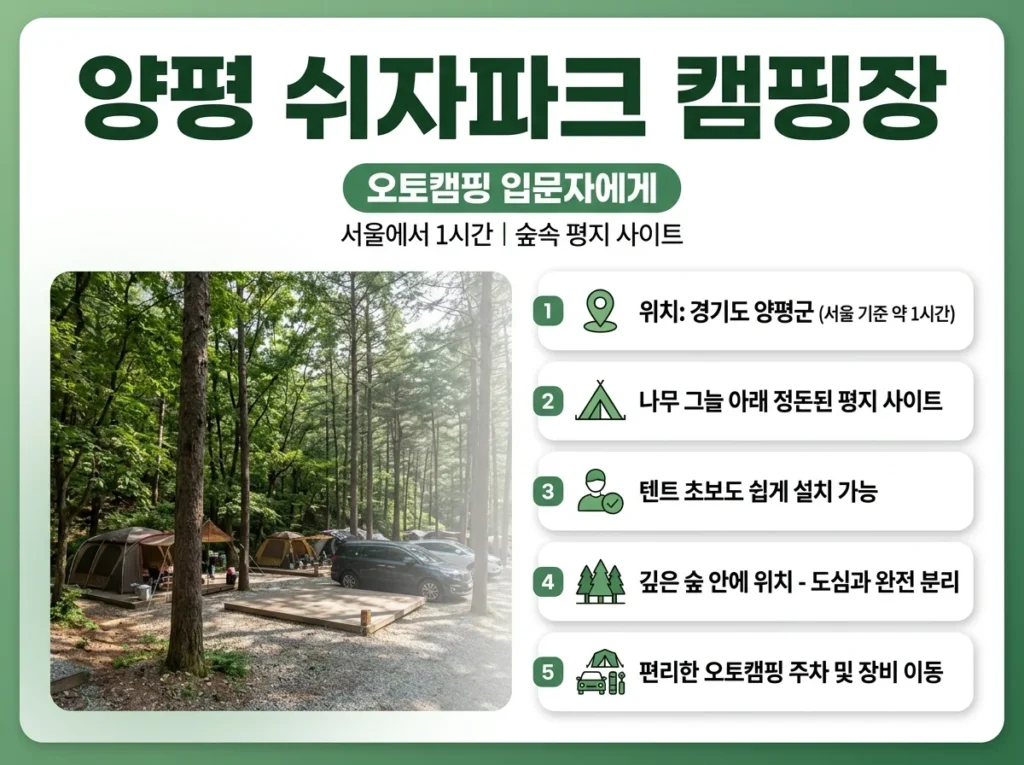 양평 쉬자파크 캠핑장 위치·특징 5가지 오토캠핑 입문자 추천 안내