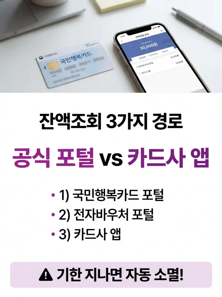 국민행복카드 잔액조회 공식 포털·전자바우처·카드사 앱 3가지 경로 안내 인포그래픽