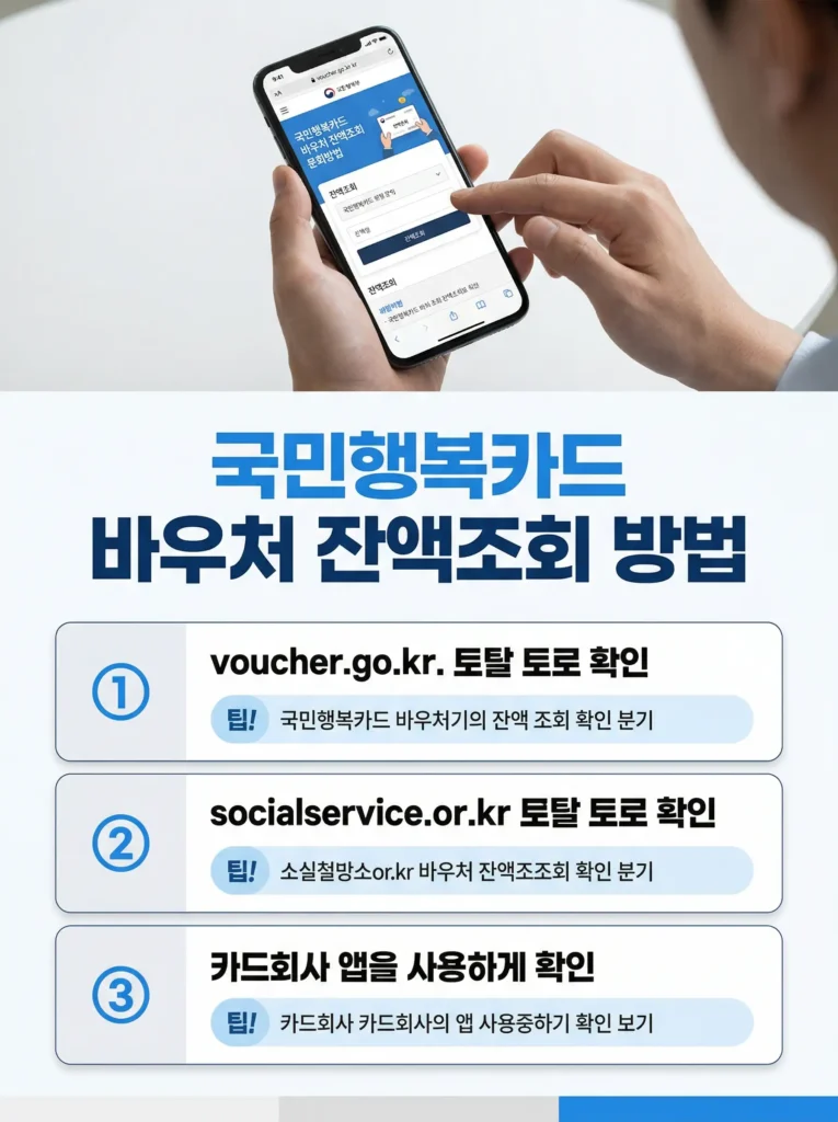 국민행복카드 바우처 잔액조회 방법 안내 인포그래픽 (voucher.go.kr, 소셜서비스, 카드사 앱)