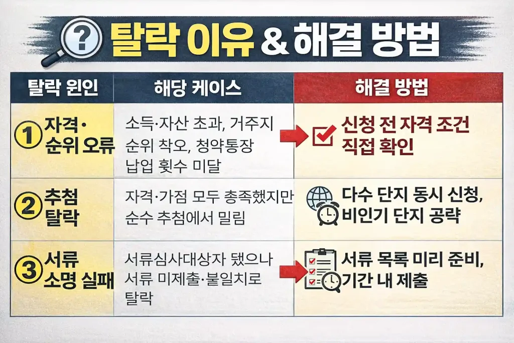 청년행복주택 청약 탈락 원인인 자격 순위 오류, 추첨 탈락, 서류 소명 실패와 각각의 해결 방법을 정리한 표