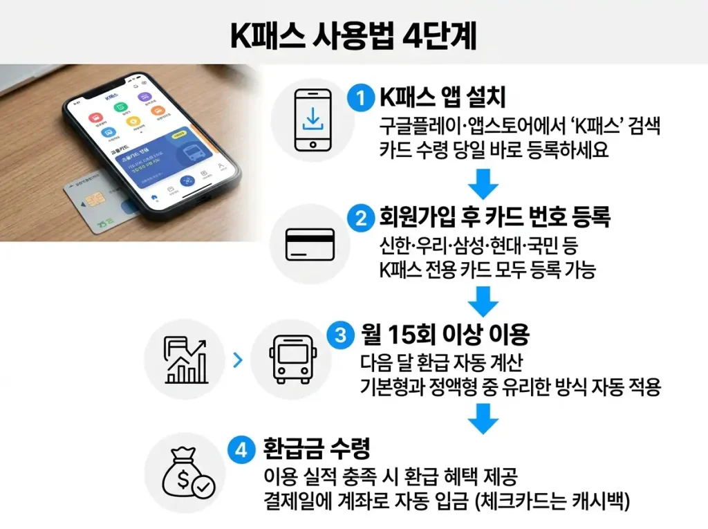 K패스 앱 설치, 카드 등록, 월 15회 이상 이용, 환급금 수령까지 4단계 사용법 안내