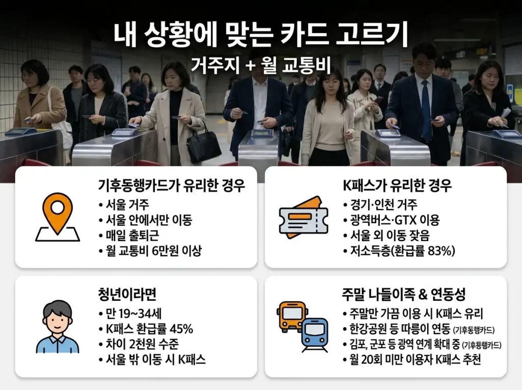 지하철 개찰구를 지나는 직장인들과 함께 거주지·교통비·연령별로 기후동행카드와 K패스 중 유리한 카드를 선택하는 기준 안내