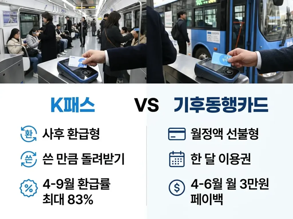 지하철과 버스에서 각각 K패스와 기후동행카드를 태그하는 모습으로 사후 환급형과 월정액 선불형 혜택 비교