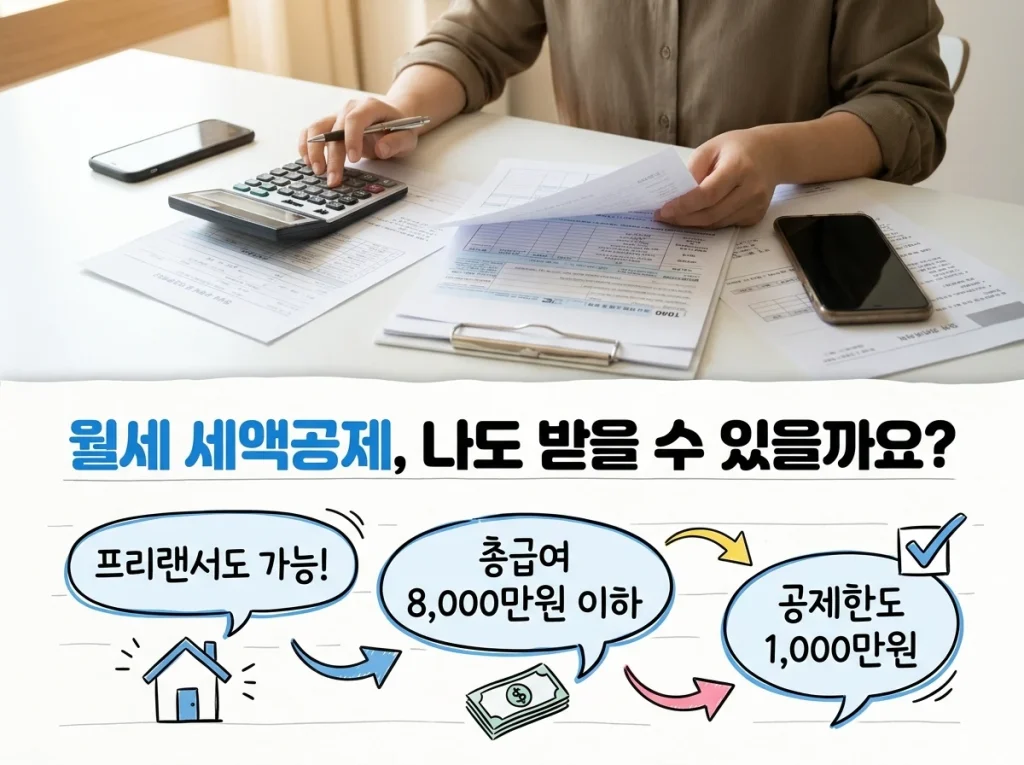 서류와 계산기 앞에서 월세 세액공제 대상 조건인 총급여 8000만원 이하·공제한도 1000만원을 프리랜서 포함 안내