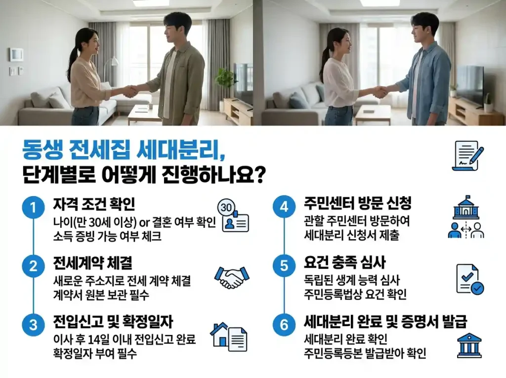 동생 전세집에서 세대분리를 진행하는 자격 확인부터 증명서 발급까지 6단계 절차를 정리한 안내