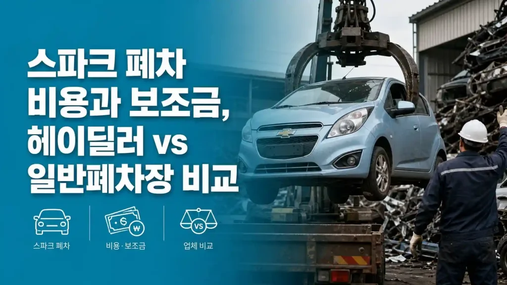 크레인에 들린 스파크 차량과 작업자, 폐차 비용 보조금 업체 비교 안내